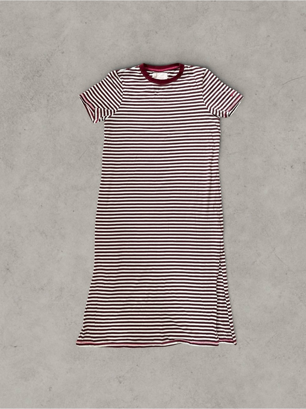 Striped Short-Sleeve T-shirt Midi Dress in Burgundy and White